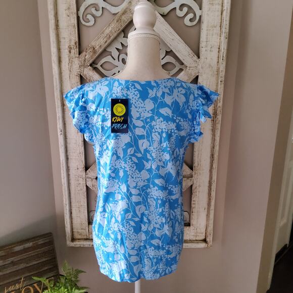 Kiwi Fresh Women's Cap Ruffle Sleeve Button Front Top Blouse in Blue Floral - Picture 4 of 8